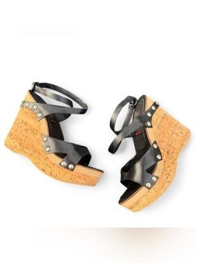 Miu Miu black leather cork wedge platforms